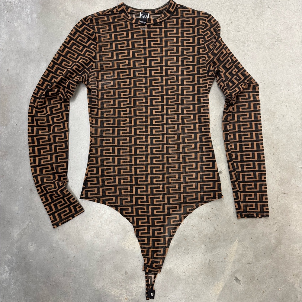 Windsor Sheer Mesh Monogram Print Bodysuit Long Sleeve Size M